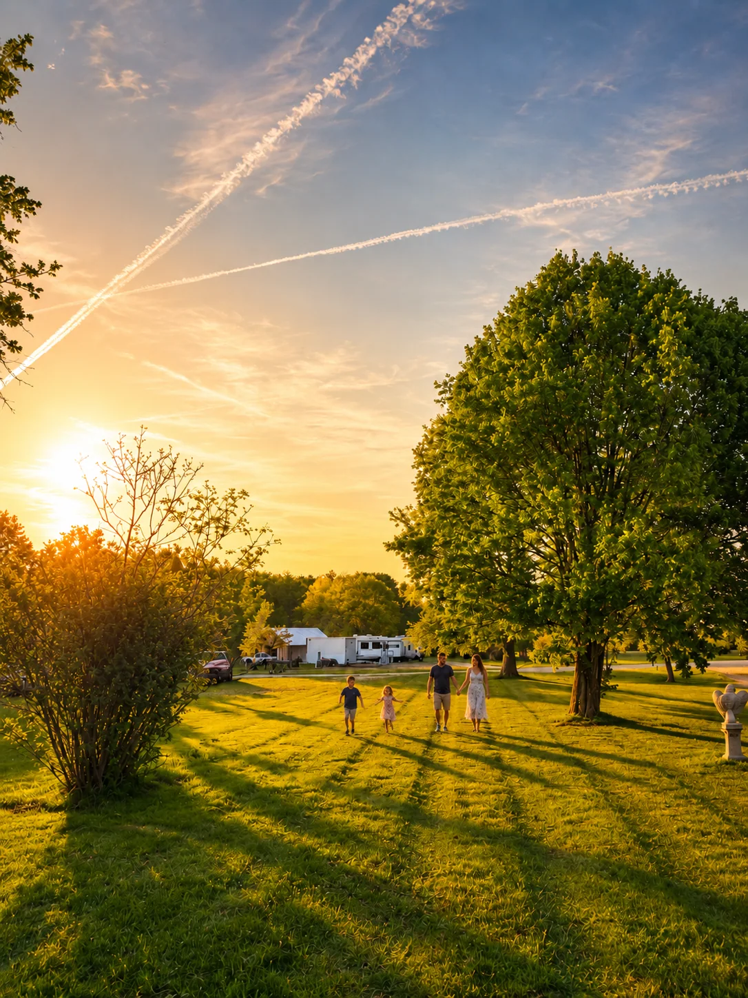 Illustrative image: a family walking the lawn at sunset (AI-enhanced, not actual guests)