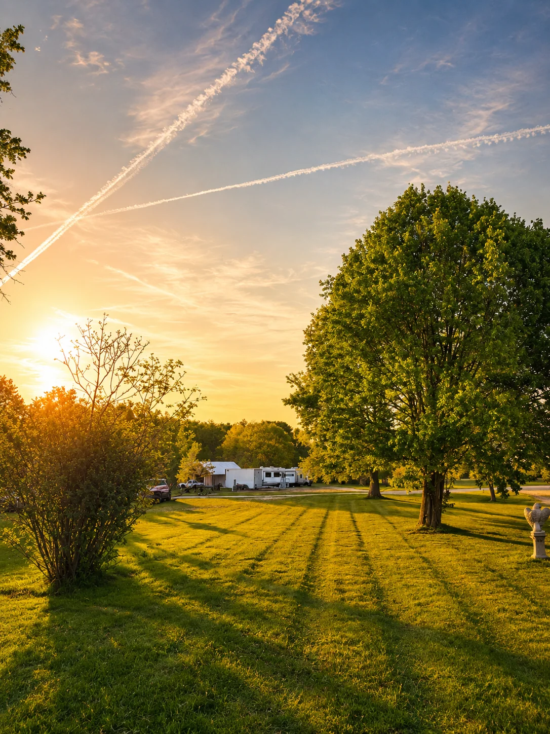 Open lawn and trees at sunset with RVs in the distance — future site of the tiny home village (not yet built)