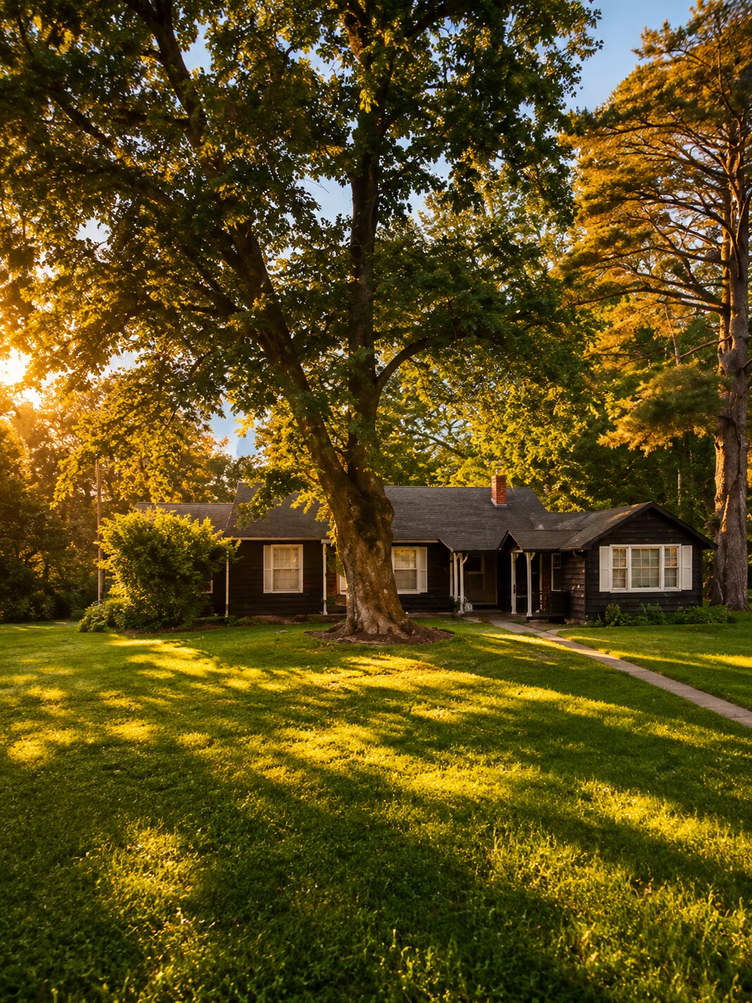 Dark wood cabin under a mature shade tree at Starlight Trail