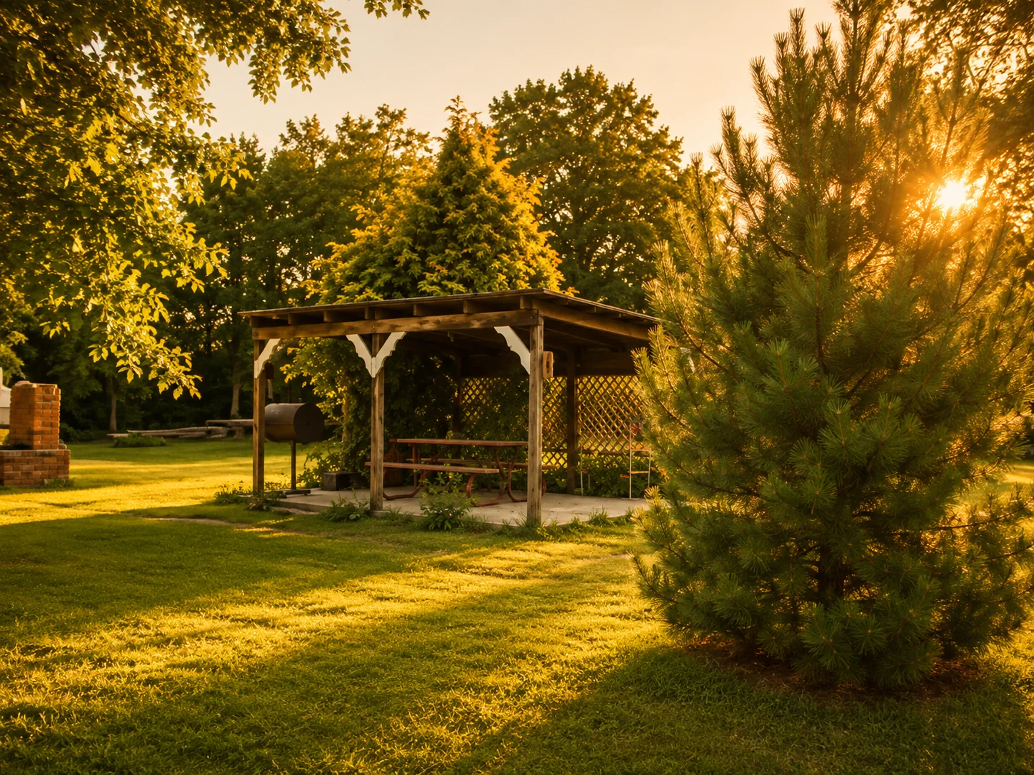 Gazebo and pine trees on the grounds at sunset