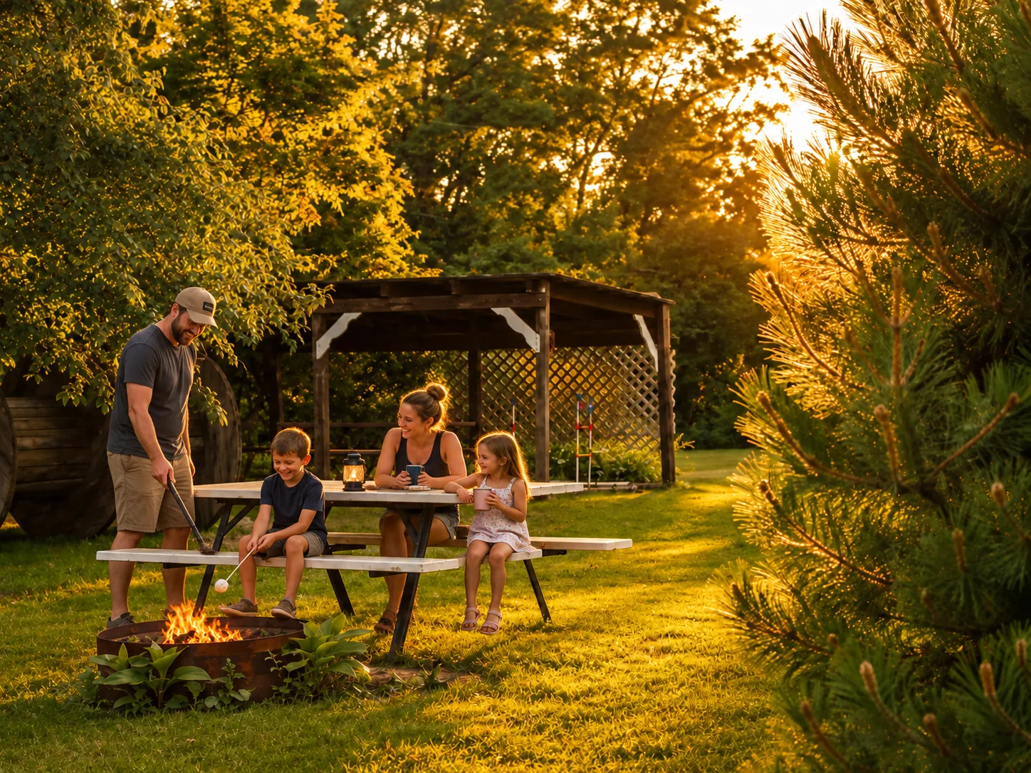 Illustrative image: a family at the gazebo picnic table (AI-enhanced, not actual guests)