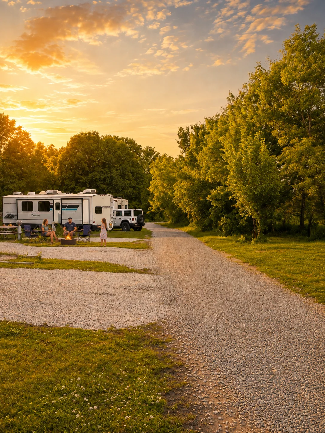 Illustrative image: a family relaxing by an RV (AI-enhanced, not actual guests)