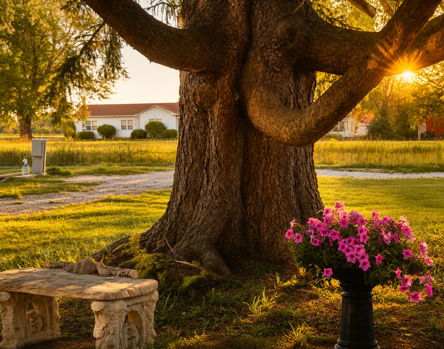Large old tree with pink flowers on the grounds
