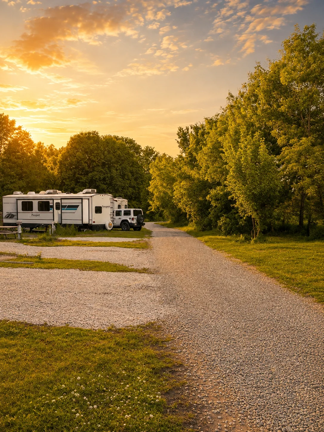 White RV parked at a site along the gravel road at Starlight Trail